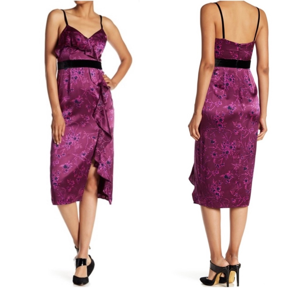 cinq a sept Plum Floral Satin Midi Dress with Black Waistband